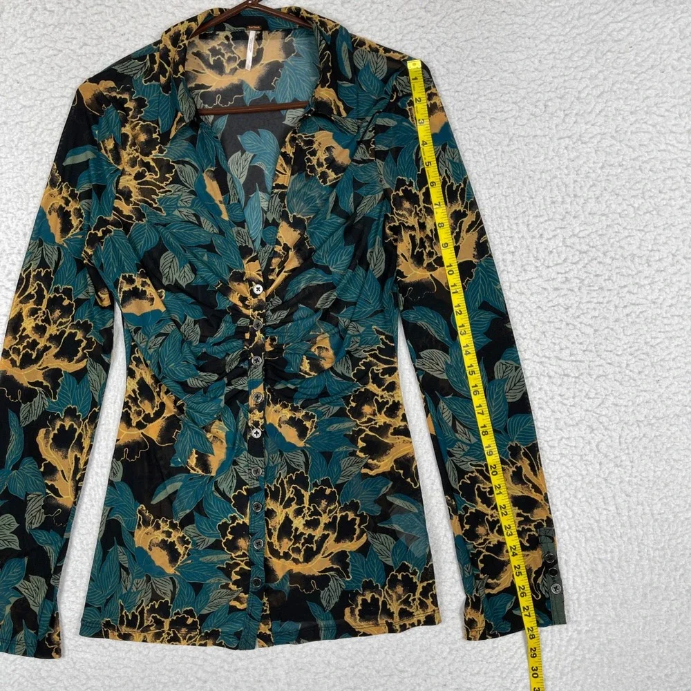 Free People Mesh Top Womens‎ Large Teal Gold Floral Ruched Front Whimsigoth Boho